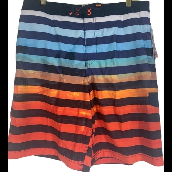 🌸 2/$25 NWT Speedo Ombré Navy Stripe Swim Trunks Lined Palm Tree Silhouette red - Picture 1 of 8